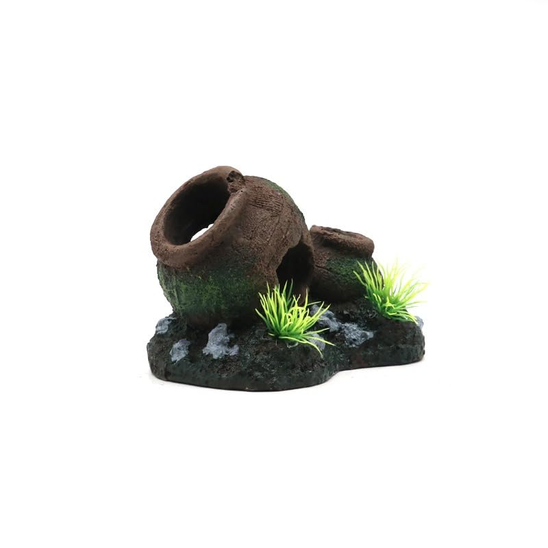 Rustic Broken Barrel Aquarium Decoration, Resin Fish Tank Hideout with Ancient Pot Design and Artificial Plants