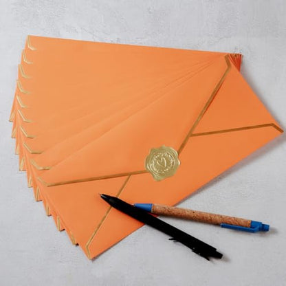 100 Pack #10 Business Envelopes with Gold Stickers, Dark Orange - color: Dark Orange