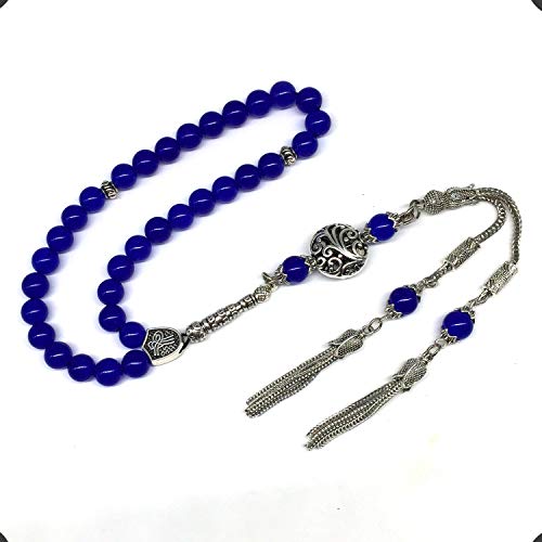 Design - Long & Stylist Tassels Worry Beads - Prayer Beads (8 mm-33 Beads) Tesbih-Tasbih-Tasbeeh-Misbaha-Subha-Sebha-Sibha-Rosary (Blue Agate Natural Stone) - color: Blue Agate Natural Stone