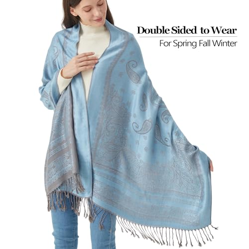 Reversible Paisley Pashmina Rave Scarf Shawl-Soft Silky Pashmina Wraps for Women Evening Dresses - color: E#. Style 5-light Blue