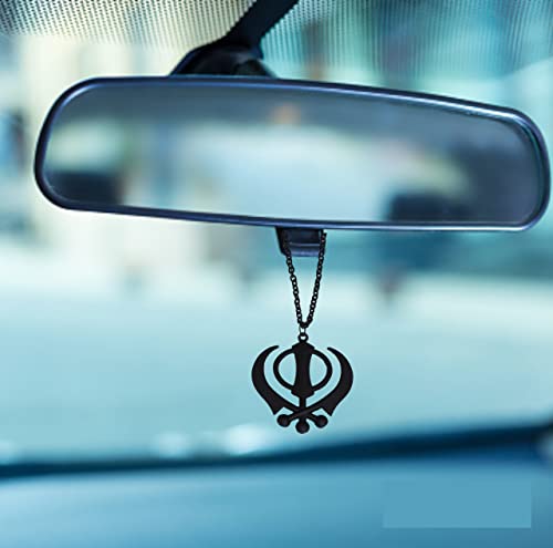 BEXCO Sikh Khanda Metal Car Hanging Show Peice - 8cm with Metal thread-16cm .(Metal, Black) - color: Black, size: 8 cm