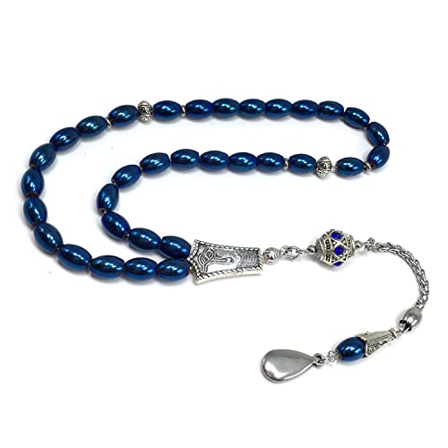 -Gentle Men Collection- Prayer Beads-Worry Beads-Tesbih-Tasbih-Tasbeeh-Misbaha-Masbaha-Subha-Sebha-Rosary (Non-Magnetic Blue Drum Hematite -6x9 mm- 33 Beads) - color: Non-Magnetic Blue Drum Hematite -6x9 mm- 33 Beads