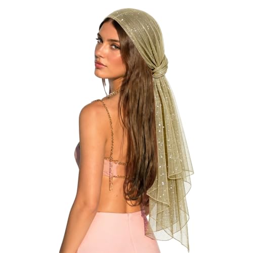 Sequin Scarf for Women Lightweight Mesh Shawl Wrap Bandana Hijab Headscarf for Summer Evening Dress - color: Khakibeige