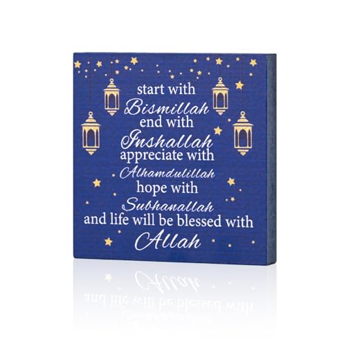 Smile Inspirational Wooden Decor, Eid al‑Adha Appreciate and Hope Sign for Islamic Tiered Tray Muslim Party Tabletop Home Decor - style: Retro