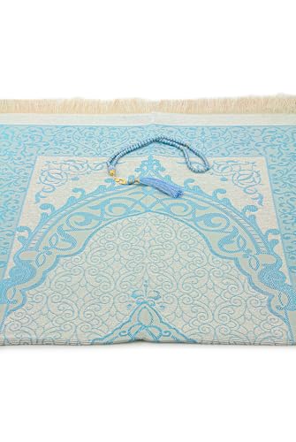 ihvan online Muslim Prayer Rug with 99 Beads Tasbih & Travel Bag, Soft Taffeta Sajadah, Lightweight & Foldable Janamaz, Portable Prayer Mat, Islamic Gift for Eid, Ramadan, Hajj & Umrah, Blue - color: Blue