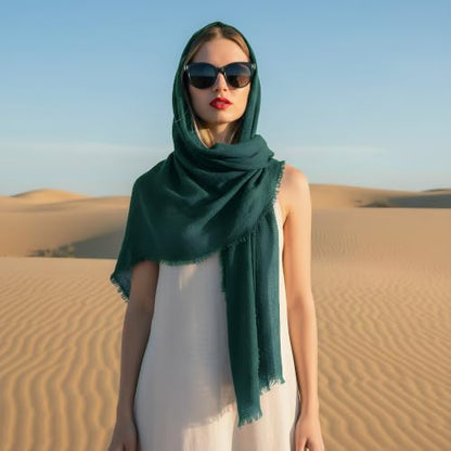 Nydotd Women Summer Cotton Linen Scarf Crinkle Long Beach Shawl Wrap hijab with Fringe - color: Dark Green