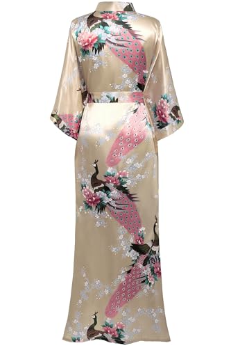 BABEYOND Women's Kimono Robe Long Satin Robes with Peacock and Blossoms Printed Kimono Nightgown - color: Champagne, size: One Size Plus