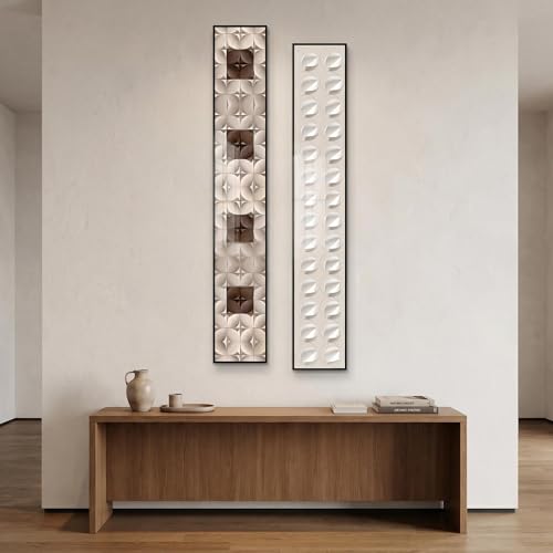 QKF 2Pcs Narrow Neutral Geometric Wood Art, Alu Frame Gloss Hallway - color: Warm Beige & Walnut, size: 6" × 48"