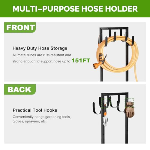 Heavy-Duty Garden Hose Holder with Stable Base and Tool Hooks, Freestanding Metal Hose Hanger Garden Hose Storage Holds 151Ft Hose, Rustproof Water Hose Holder for Outside Yard Lawn, Black - color: All Black