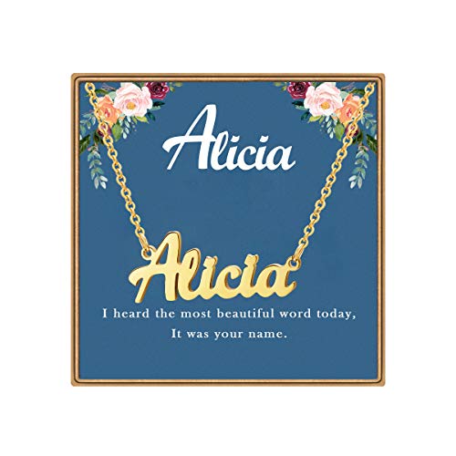 Ldurian Custom Name Necklace, Personalized Name Plate Pendant Necklace Pre Gifts, Charm Pre-made Jewelry for Mom Mama Birthday Anniversary - size: 27 Alicia