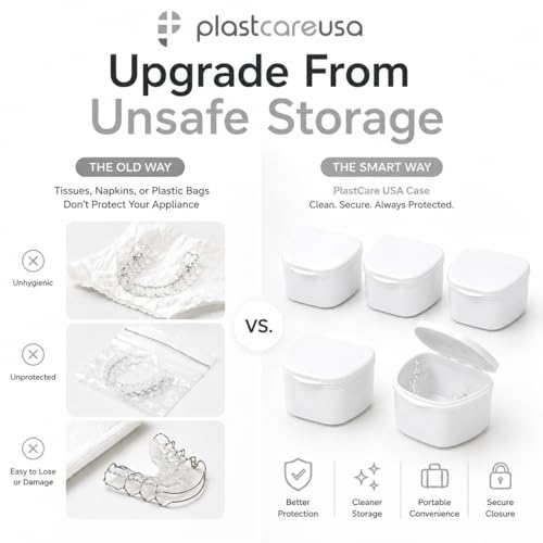 PlastCare USA White Denture Cases Pack of 5 - Dental Box For Artificial Teeth, Mouth Guard, Night Guard, Gum Shields, Retainer - Denture Bath Container for Women and Men - Travel Denture Cup - color: White
