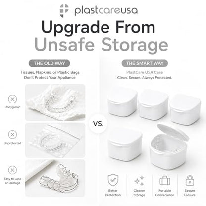 PlastCare USA White Denture Cases Pack of 5 - Dental Box For Artificial Teeth, Mouth Guard, Night Guard, Gum Shields, Retainer - Denture Bath Container for Women and Men - Travel Denture Cup - color: White