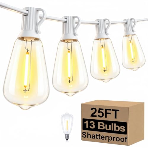 Brightever 25FT Outdoor String Lights 13 Bulbs, Waterproof Patio Lights - color: White Wire Warm White, size: 25FT
