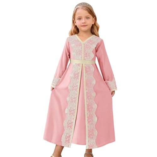 FYMNSI Kids Girls Muslim Abaya Dress Modest Lace Belted Prayer Dress Islamic Maxi Robe Kaftan Ramadan Arabian Dubai Clothes - color: Pink, size: 8-9 Years