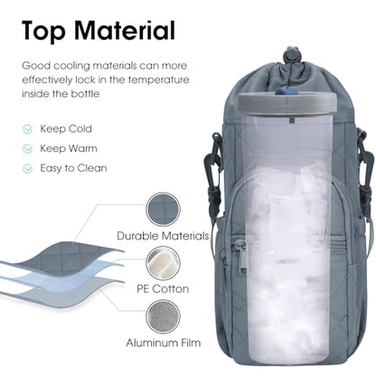 sportsnew 40oz Insulated Crossbody Water Bottle Bag Gym Hiking Phone Pocket | Water-resistant Lining, Padded Strap, Top Handle, Drawstring, Phone Pocket, Elastic Slots, Built-In Key Clip for Gym Walking - color: Quilt Blue