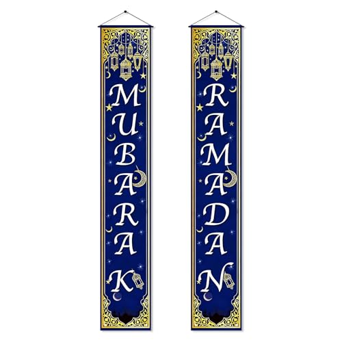 HOMETITUTE Ramadan Mubarak Porch Banner 12x71 Inch Crescent Moon Mosque Hanging Banner for Eid Decoration Festival Door Decor Ramadan Mubarak Party Entryway Home Celebration - color: Blue, Gold