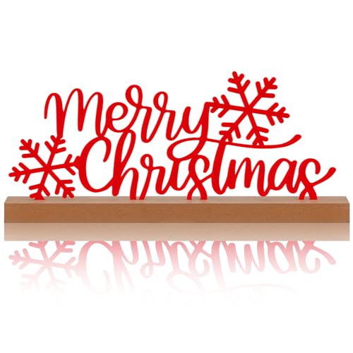 Yaocom 13.78 Inch Merry Christmas Table Sign Xmas Metal Letter Decor Christmas Freestanding Tabletop Decoration with Wooden Base for Home Tiered Tray Centerpiece Mantel Shelf Fireplace - style: Christmas
