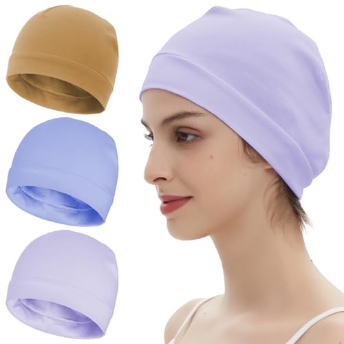 100% Cotton Skull Caps Beanie Bald Sleeping Hats for Men Women - color: 3pieces-brown,light Blue,light Purple