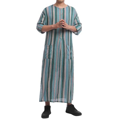 IWEMEK Muslim Thobe for Men Striped Kaftan Thobe with Pockets Saudi Arabic Robe Button up Dubai Abaya Caftan Ramadan Clothes - color: Green, size: Medium