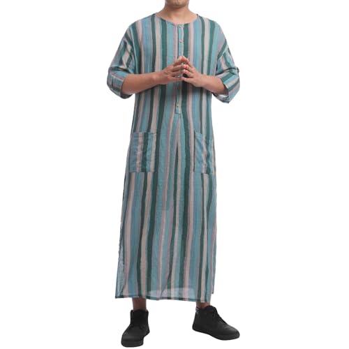 IWEMEK Muslim Thobe for Men Striped Kaftan Thobe with Pockets Saudi Arabic Robe Button up Dubai Abaya Caftan Ramadan Clothes - color: Green, size: 5X-Large