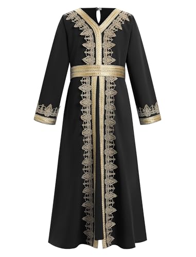 IWEMEK Abaya for Girls Muslim Prayer Dress Kids Islamic Dubai Eid Ramadan Clothes Wedding Saudi Arabic Kaftan Dress with Belt - color: Black+gold, size: 9-10 Years
