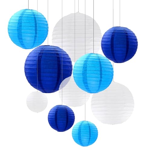 ZOOYOO 10pcs Paper Lanterns,Blue Round Hanging Paper Lanterns Decorations for Wedding,Graduation,Gender Reveal,Anniversary,Home,Birthday Party,Graden Decor - color: Blue