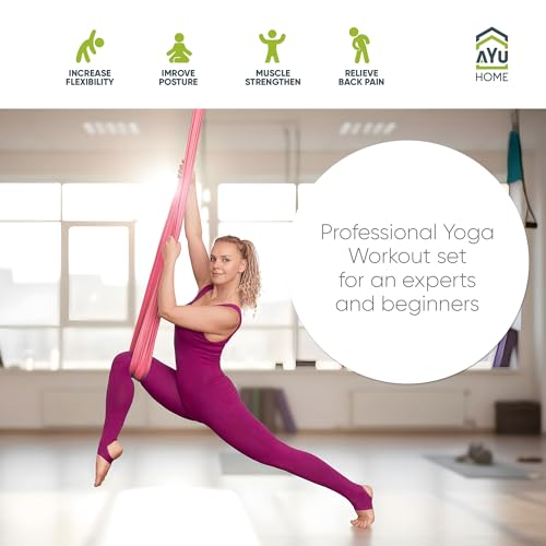 AyuHome Aerial Silks Kit for Home - Premium Yoga Swing for Adults with 660 lbs Capacity - Versatile Aerial Yoga Hammock for Gymnastics Training - color: Aerial silk - Pink New