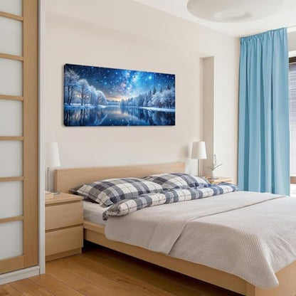 Palderwallart Beautiful Milky Way Landscape Wall Art for Living Room Office Nature Riverside Scenery Blue Starry Sky and White Tree Painting Prints Winter Scenic Canvas Artwork Dining (20x40 Inches) - color: Blue Starry Sky and White Tree Wall Art(Y866),