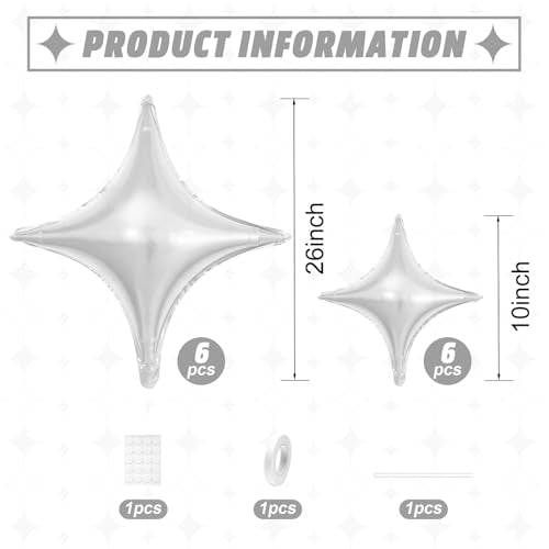Silver Star Balloons,12Pcs Four Angle Star Foil Balloons - color: Silver
