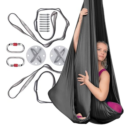 AyuHome Aerial Silks Kit for Home - Premium Yoga Swing for Adults with 660 lbs Capacity - Versatile Aerial Yoga Hammock for Gymnastics Training - color: Aerial silk - Black