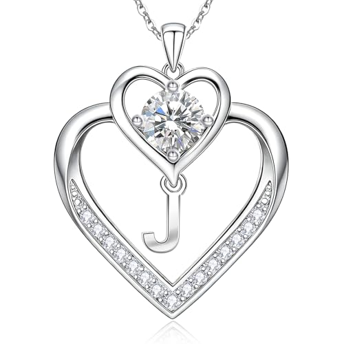 RIVIKO 1 Carat Moissanite Heart Initial Necklace for Women,Letter Pendant - color: Letter J