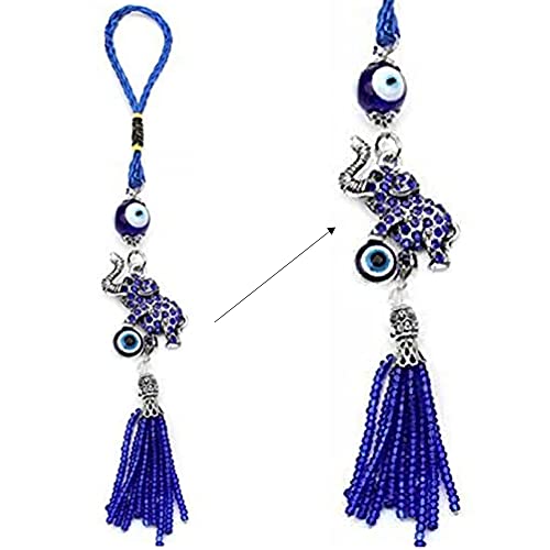 LUCKBOOSTIUM Evil Eye Elephant Keychain with Blue Bead Tassel - Decorative Evil Eye Car Charm and Hanging Accessory - Elephant Bag Charm, Rear View Mirror Accessories, Office & Home Decor (2”x12”) - color: Elephant Keychain With Blue Bead Tassel