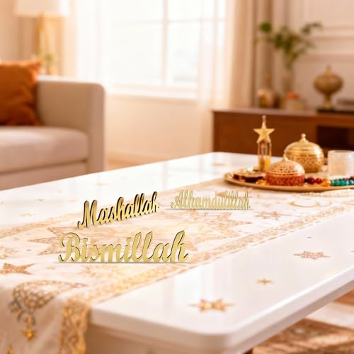 3 Pcs Ramadan Decorations Home 2026, Wooden Gold Acrylic Bismillah Alhamdulillah Mashallah Sign, Wood Eid Mubarak Islamic Allah Table Stand Fireplace Office Desk Mosque Decor, Muslim Gifts