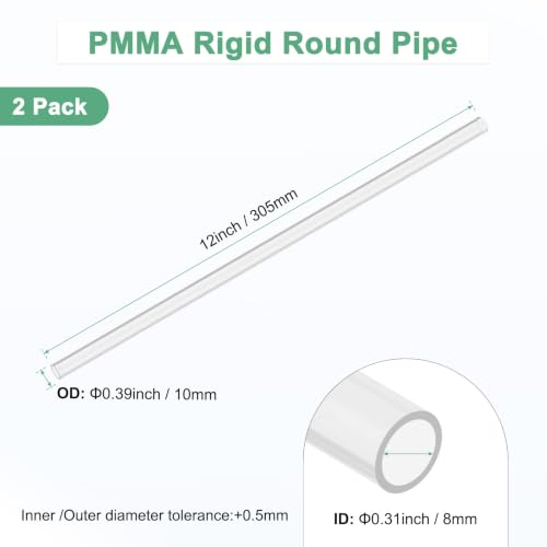 M METERXITY 2-Pack Clear Rigid Acrylic Pipe, 8mm[0.31"] ID x 10mm[0.39"] OD Plastic Round Tube for Water Cooling System/Lamps/Fountains/Aquariums/Display Stand, Acrylic Tubing [305mm/12IN] - size: 8mm ID x 10mm OD