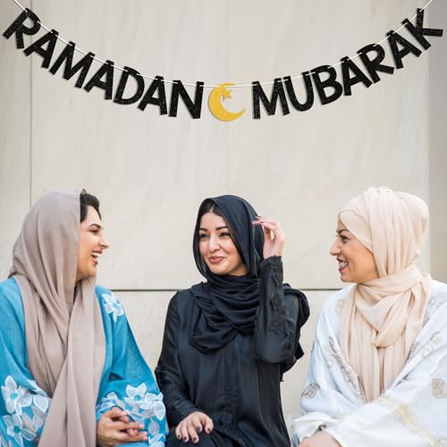 Ramadan Mubarak Banner - Eid Festival Muslim Islam Party Decoration, Ramadan Kareem Decor, Ramadan Banner with Moon and Star for Islamic Eid Decoration Black Glitter