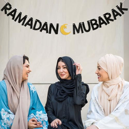 Ramadan Mubarak Banner - Eid Festival Muslim Islam Party Decoration, Ramadan Kareem Decor, Ramadan Banner with Moon and Star for Islamic Eid Decoration Black Glitter