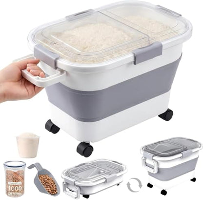30 Lbs Rice Storage Container with Wheels, Collapsible Airtight Food Storage Container with Transparent Lid, Measuring Cup, Scoop, Handle, BPA Free Rice Holder for Pet Food, Grain, and Bird Seed - color: Grey/23-30lbs