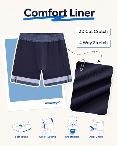 maamgic Mens Swim Trunks - Mens Bathing Suit with Compression Liner 7 Inch Quick Dry Fshion Stretch Zipper Pockets Swimwear - color: Blue Grey-navy Blue-ocean Sun, size: Small