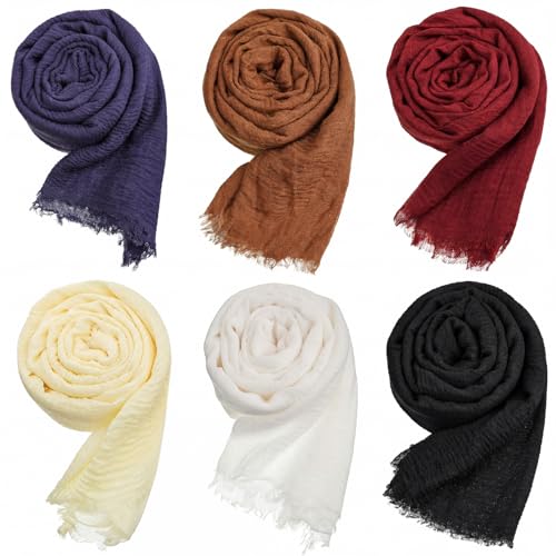 Geyoga 6 Pcs Women Scarf Shawl Hijab Scarves Cotton Crinkle Hijab for Women Blend Shawl Crinkle Wrap Head for Seasons - color: Everyday Tones