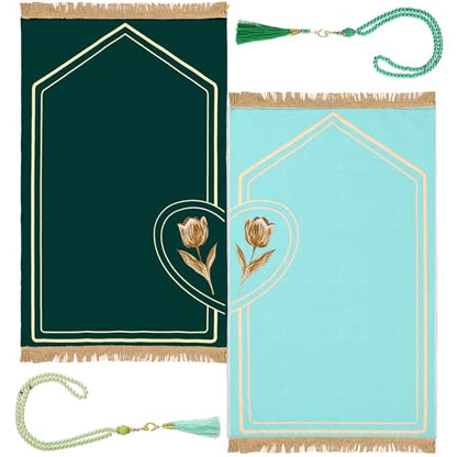 Drydiet 2 Pcs Muslim Couple Prayer Rug Set Heart Design with 2 Pcs Prayer Beads Islamic Muslim Gift Green Travel Mat Soft Velvet Mat for Couple Women Men Ramadan Eid Wedding Birthday - color: Sea Green