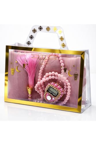 SODEF Islamic Prayer Set with Bag - Pink Scarf, Beaded Zikirmatik, Pearl Tesbih - Special Ramadan Gift Set for Women - Includes Carrying Case - Pink