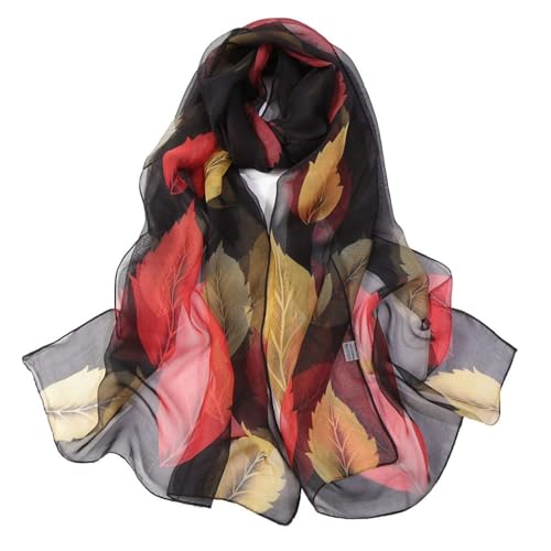 E-Clover Women Soft Floral Print Shawl Chiffon Sheer Scarf - color: Black Red Leaf
