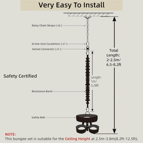 Bungee Fitness Set,CE Certified 6 Sizes(88-220 lbs)Bungee Cord Kit | 3.3ft/1M Elastic Bungee Rope w/1377 lbs MBL+Adjustable Harness+Rigging Hardware,Anti-Gravity Workout Kit for 88-220 lbs Uers - size: XL 176-198 lbs