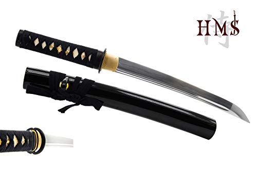 Hand Forged 1045 Carbon Steel Musashi Crest Tanto Full Tang Sword | hand-sharpened for tameshigiri, wavy temper, bo-hi groove, openwork guard, rayskin grip