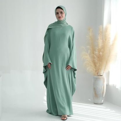 ODIZLI Abayas For Women Muslim Dubai Full Cover Kaftan Shirt Dress Batwing Sleeve Prayer Dress With Hijab - color: Green + Hijab, size: One Size