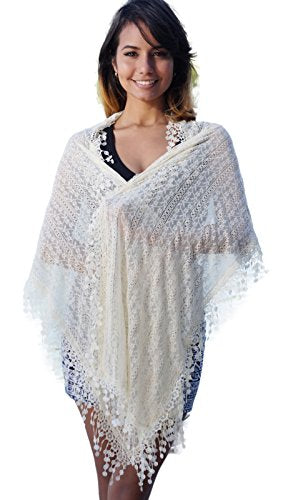 Cindy & Wendy Lightweight Soft Leaf Lace Fringe Scarf Bridal Shawl for Women - color: Beige - Sh