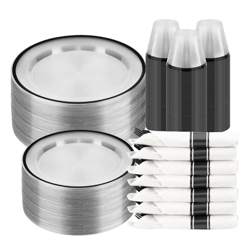 BESTSTAR 350 PCS Clear and Black Disposable Plastic Plate Set for 50 Guests - color: Black, size: 350 Piece (50 guests)