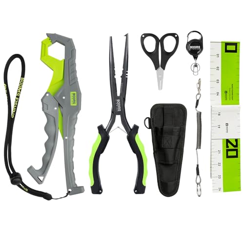 Booms Fishing Gear and Equipment: 6pcs Fishing Tools Kit with Needle Nose Pliers, Fish Gripper, Scissors, 24" Ruler, Retractor & Lanyard - Saltwater Fishing Tackle Accessories Gifts for Men, TK1 - color: Green