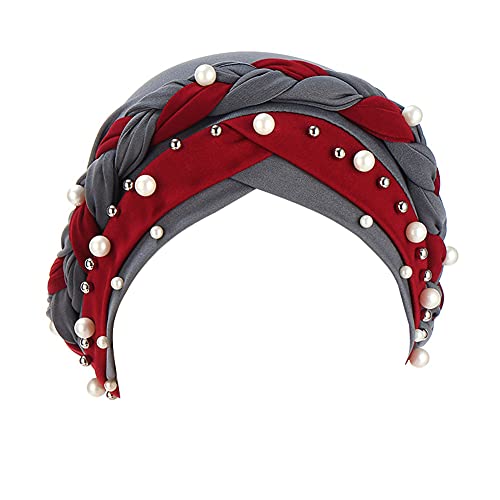 Fxhixiy Women Chemo Beanie Beaded Pearl Braid Turban Headwear for Hair Loss - color: Gray Wine