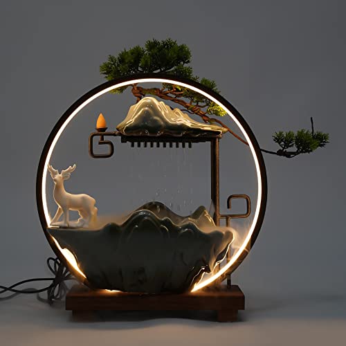 Backflow Incense Holder with Water Fountains and LED Light, Rockery, Deer and Plants Perfect for Relaxing or Home Decor (Deer witn Rockery) - style: Deer witn Rockery